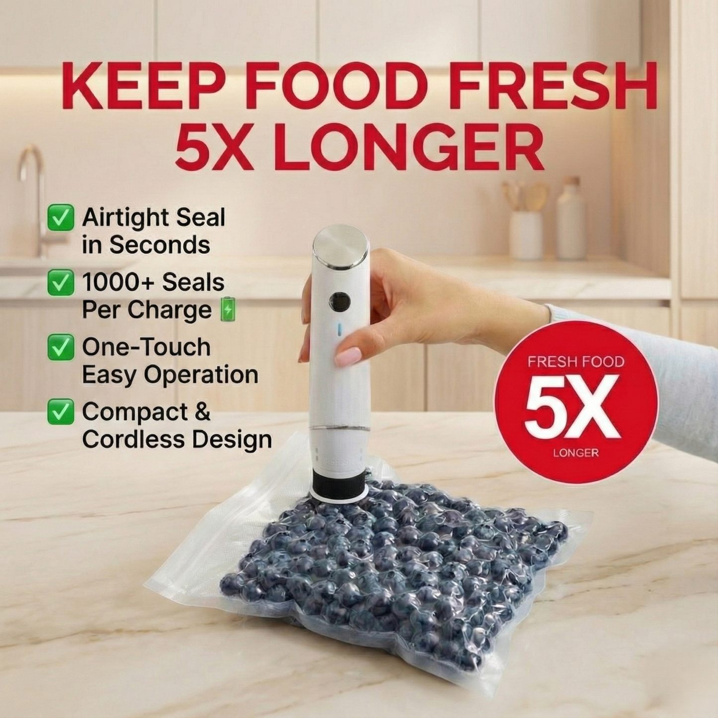 NESTIA ™ Wireless Sealer Bundle – Includes 6 Heavy-Duty Vacuum Pouches + 30 Extra Pouches (Complete Set)