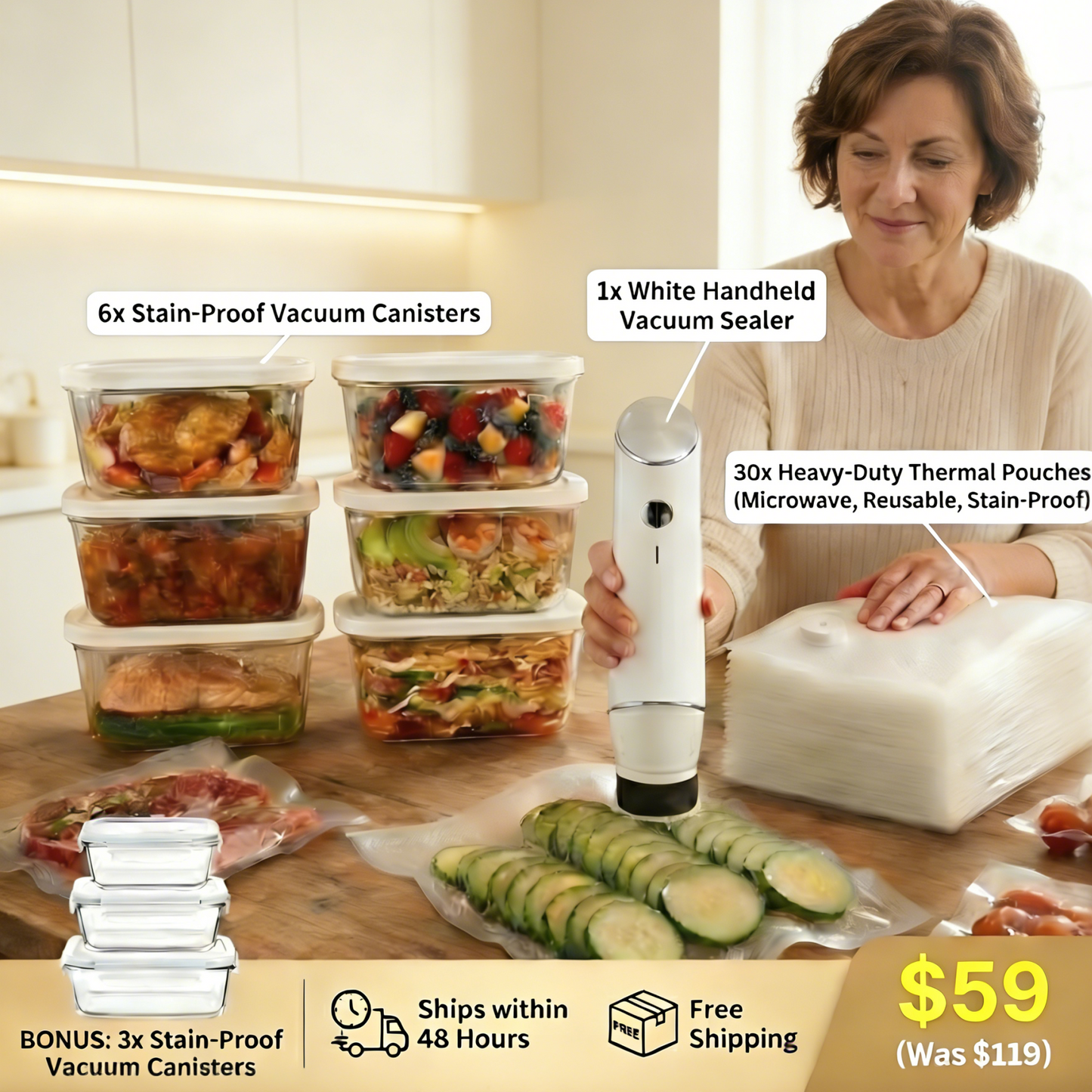 NESTIA ™ Wireless Sealer Bundle – Includes 6 Heavy-Duty Vacuum Pouches + 30 Extra Pouches (Complete Set)